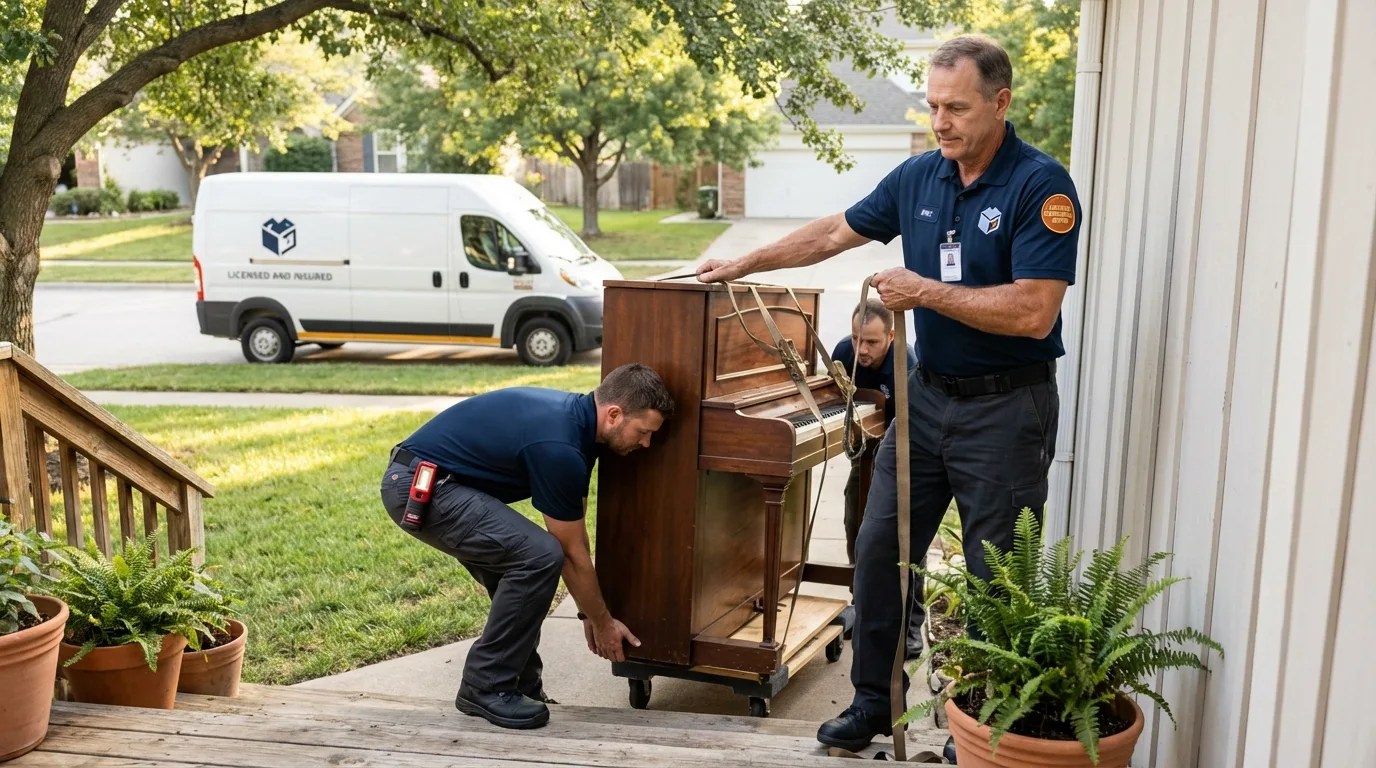 Licensed piano movers securing grand piano in Seaside, OR