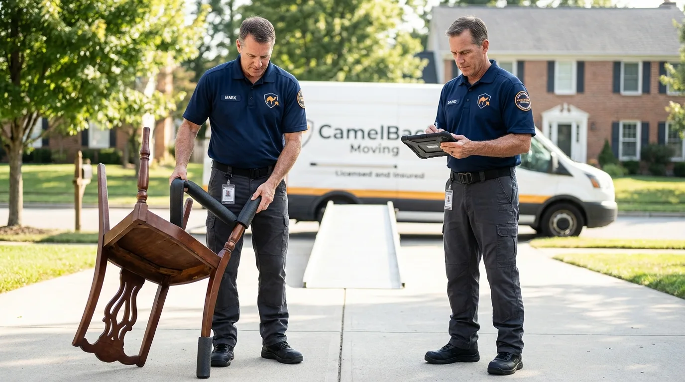 Movers inspecting furniture for damage prevention before loading in Seaside, OR